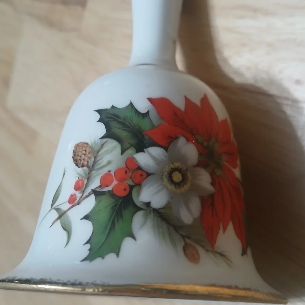 Vintage Festive Holiday Bell Genuine Fine Bone China Poinsettia Taiwan 1960's